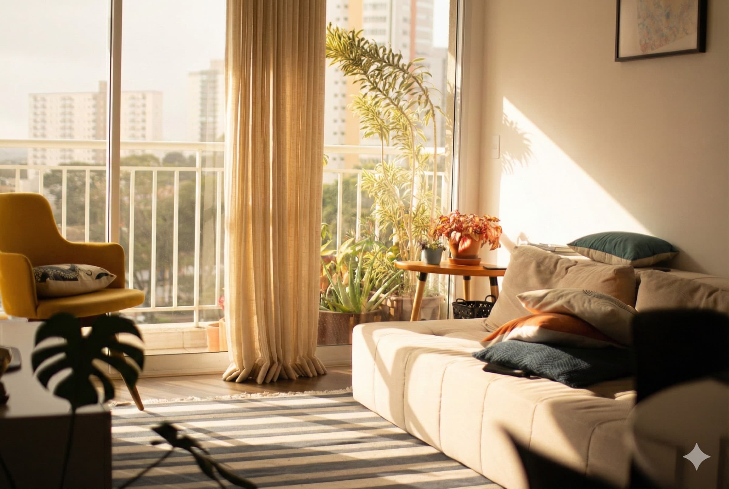 Bright living room with plants and city view