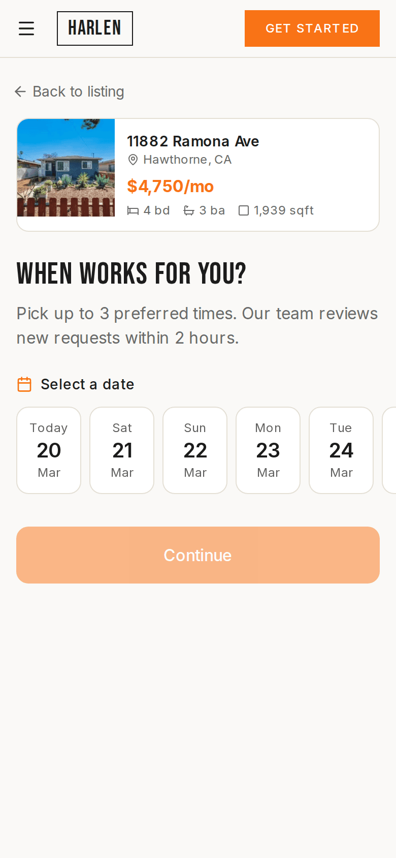 Harlen mobile tour request screen
