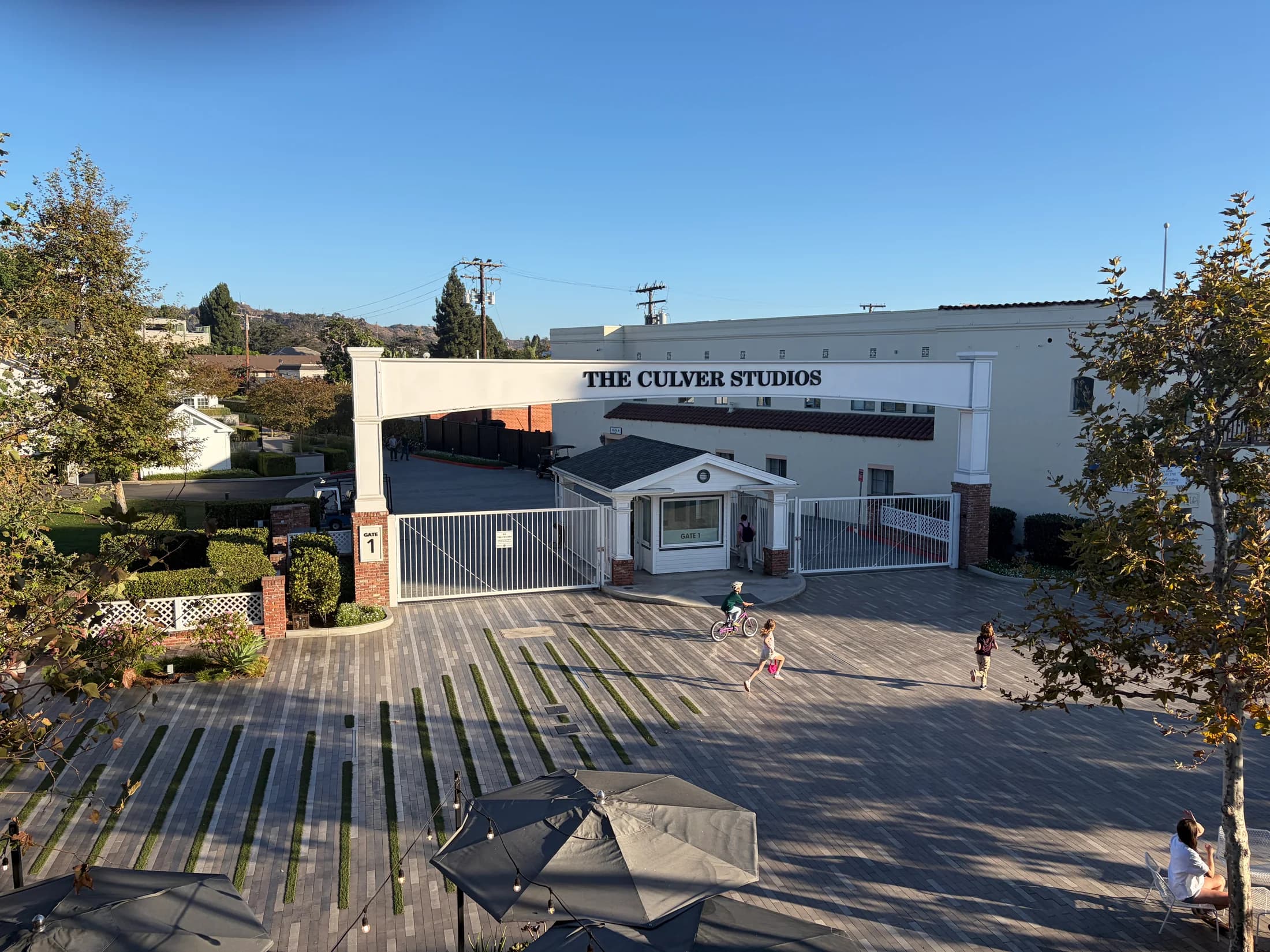 The Culver Studios entrance beside a pedestrian plaza in downtown Culver City.