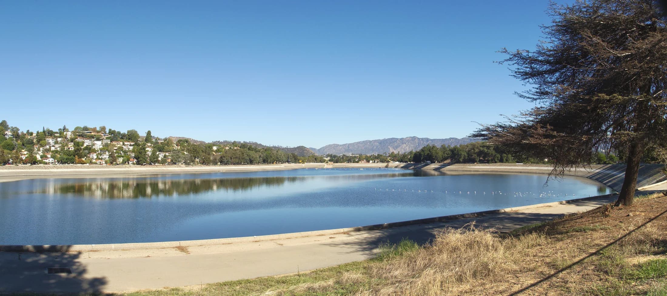 Water and hillside homes around Silver Lake Reservoir, with mountains beyond.